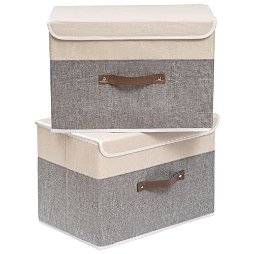 OUTBROS 2 Stück Aufbewahrungsboxen mit Deckel, 45 x 30 x 30 cm, faltbare Stoffboxen, Aufbewahrungskörbe, Organizer für, Kleidung, Bücher, beige/grau ST02BGL2 von OUTBROS