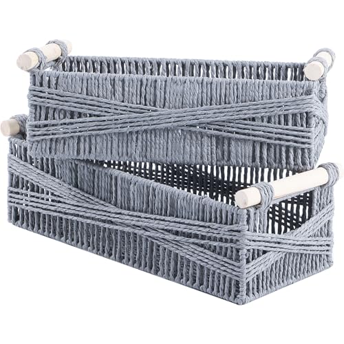 OUTBROS Aufbewahrungskorb Geflochten, Körbchen mit Griff, Dekorative Arbeitsplatte Toilettentank Regal Schrank Organizer für Schlafzimmer Wohnzimmer, Grau,2er Set von OUTBROS