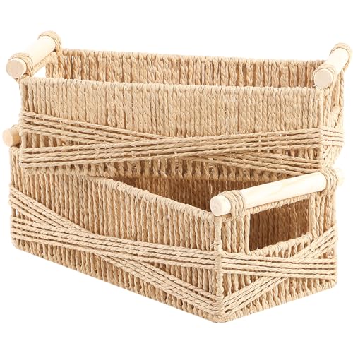 OUTBROS 2er Set Aufbewahrungskorb Geflochten, Boho Dekor gewebte Körbe mit Griff, Dekorative Arbeitsplatte Toilettentank Regal Schrank Organizer für Schlafzimmer Wohnzimmer, Natürlich von OUTBROS