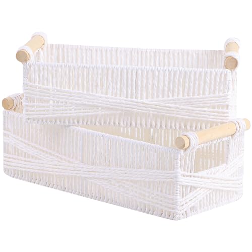 OUTBROS Körbchen Geflochten, Aufbewahrungskorb mit Griff, Dekorative Arbeitsplatte Toilettentank Regal Schrank Organizer für Schlafzimmer Wohnzimmer, Weiß，2er Set von OUTBROS