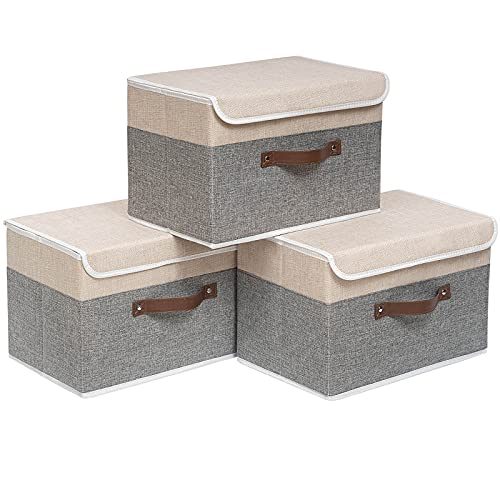 OUTBROS 3 Stück Aufbewahrungsboxen mit Deckel, 38 x 25 x 25 cm, faltbare Stoffboxen, Aufbewahrungskörbe, Organizer für Kleidung, Bücher, beige/grau ST02BGS3 von OUTBROS