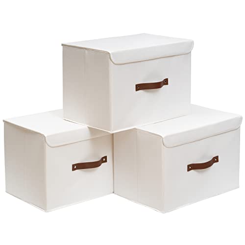 OUTBROS 3 Stück Aufbewahrungsboxen mit Deckel, 38 x 25 x 25 cm, faltbare Stoffboxen, Aufbewahrungskörbe, Organizer für Kleidung, Bücher, weiß ST02WS3 von OUTBROS