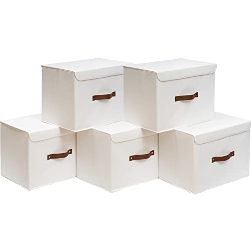 OUTBROS 5 Stück Aufbewahrungsboxen mit Deckel, 33 x 23 x 20 cm, faltbare Stoffboxen, Aufbewahrungskörbe, Organizer für, Kleidung, Bücher, weiß von OUTBROS