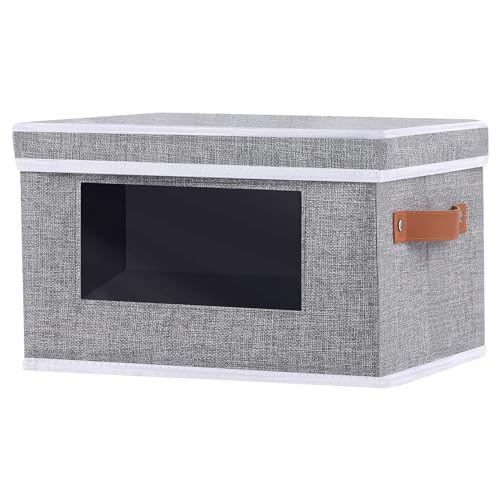OUTBROS Aufbewahrungsbox mit Deckel, Transparentes Fenster Organizer Box, Faltbare Stoffbox, Kleiderschrank Aufbewahrungskörbe, Würfelregale, 33 x 23 x 20 cm, Grau, 1 Stück von OUTBROS