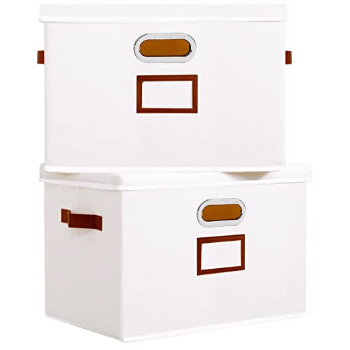 OUTBROS Aufbewahrungsbox mit Deckel und Griff, 45 x 30 x 30 cm Faltbarer Aufbewahrungsbox aus Stoff Aufbewahrungskörbe mit Etikettentasche, Weiß 2 Stück von OUTBROS