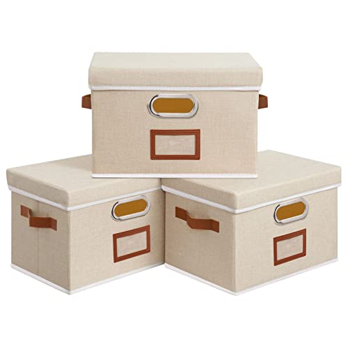 OUTBROS Aufbewahrungsbox mit Deckel und Griff, Faltbarer Aufbewahrungsbox aus Stoff Aufbewahrungskörbe mit Etikettentasche, 32 x 23 x 20 cm Beige 3 Stück von OUTBROS