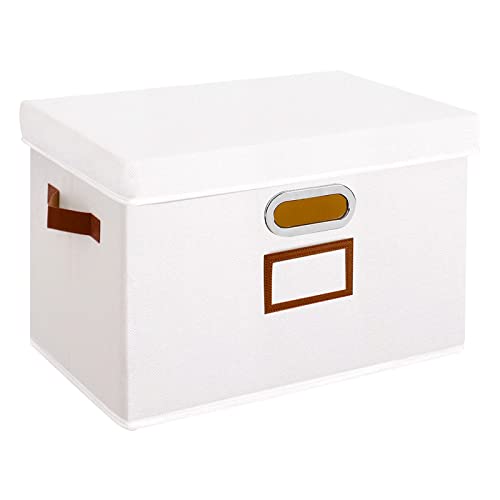 OUTBROS Aufbewahrungsbox mit Deckel und Griff, Faltbarer Aufbewahrungsbox aus Stoff Aufbewahrungskörbe mit Etikettentasche, Organizer für Kleidung, Bücher, 32 x 23 x 20 cm Weiß 1 Stück von OUTBROS