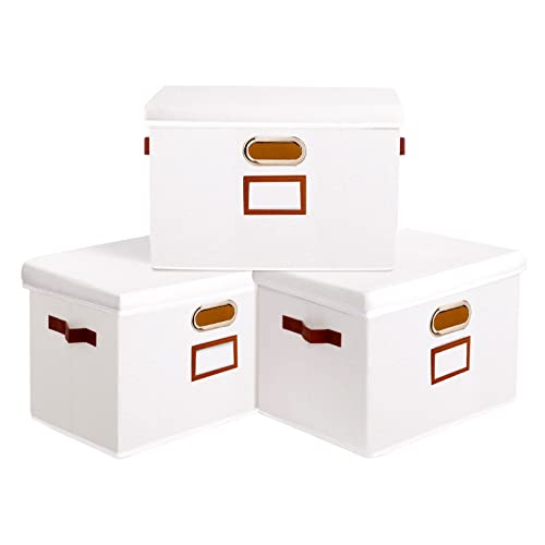 OUTBROS Aufbewahrungsbox mit Deckel und Griff, Faltbarer Aufbewahrungsbox aus Stoff Aufbewahrungskörbe mit Etikettentasche,32 x 23 x 20 cm Weiß 3 Stück von OUTBROS