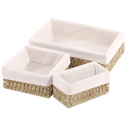 OUTBROS Aufbewahrungskorb Geflochte, Organizer Körbchen in Regale, Klopapier Aufbewahrung Körbe, Deko Aufbewahrungsbox mit Futter, 3-Pack, Seegras von OUTBROS
