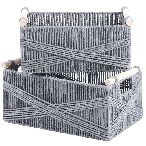 OUTBROS Aufbewahrungskorb Geflochten, Körbchen mit Griff, Dekorative Arbeitsplatte Toilettentank Regal Schrank Organizer für Schlafzimmer Wohnzimmer, Grau,2er Set,Große Größe von OUTBROS