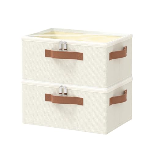 OUTBROS Faltbare Aufbewahrungsbox, Korb Aufbewahrung, Organizer mit Deckel, Unterbett Stoff Aufbewahrungsbehälter für Kleidung Decken Bettdecken, Beige, 38 x 26 x 15 cm, 2 Stück von OUTBROS