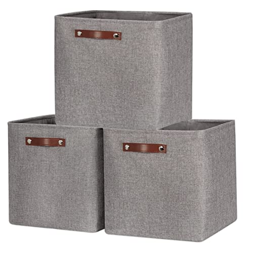 OUTBROS Faltbare Aufbewahrungskörbe mit Griffen, Verdicktes Stoff Aufbewahrungsbox 3er Set, Canvas Stoffkorb für Schrank, Regale, Schlafzimmer, 30x30x30cm, Grau von OUTBROS