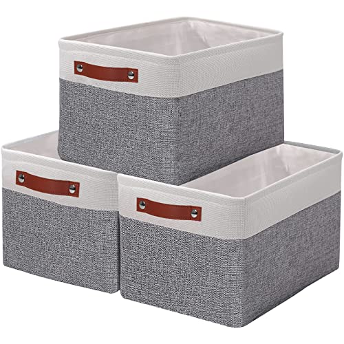 OUTBROS Faltbare Aufbewahrungskörbe mit Griffen, Verdicktes Stoff Aufbewahrungsbox 3er Set, Canvas Stoffkorb für Schrank, Regale, Schlafzimmer, 37x26x20cm, Weiß/Grau von OUTBROS