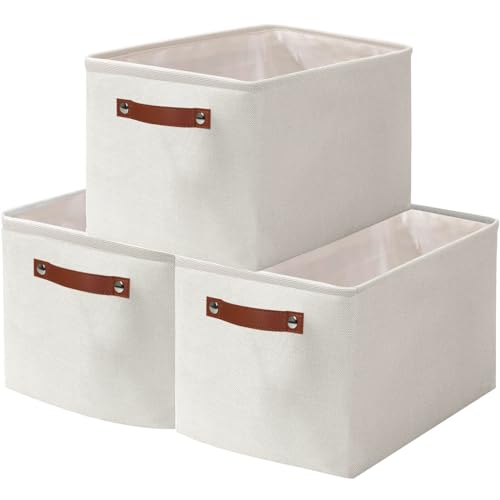 OUTBROS Faltbare Aufbewahrungskörbe mit Griffen, Verdicktes Stoff Aufbewahrungsbox 3er Set, Canvas Stoffkorb für Schrank, Regale, Schlafzimmer, 42x32x26cm, Weiß von OUTBROS