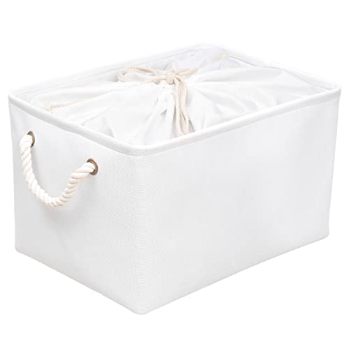 OUTBROS Große Aufbewahrungskorb, 40x30x26cm cm Stoff Aufbewahrungsboxen mit Kordelzug und Griffen, Faltbare Aufbewahrungsbehälter Ablagekörbe (Weiß, 1-Pack) von OUTBROS