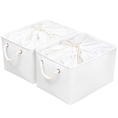 OUTBROS Große Aufbewahrungskorb, 40x30x26cm cm Stoff Aufbewahrungsboxen mit Kordelzug und Griffen, Faltbare Aufbewahrungsbehälter Ablagekörbe (Weiß, 2-Pack) von OUTBROS