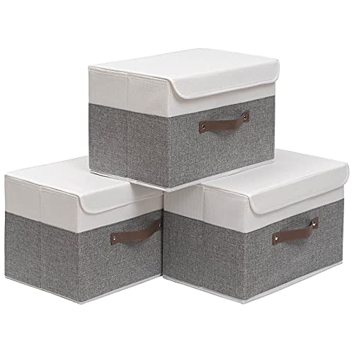 OUTBROS Große faltbare Aufbewahrungsbox mit Deckel, Leinenstoff für Kleidung, Regal, Korb für Handtücher, Bücher, Kleidung, 33 x 23 x 20 cm (weiß/grau, 3er-Pack) von OUTBROS