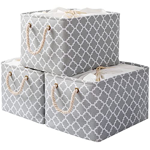 OUTBROS Große Aufbewahrungskorb, 40x30x26cm Stoff Aufbewahrungsboxen mit Kordelzug und Griffen, Faltbare Aufbewahrungsbehälter Ablagekörbe (Laterne/Grau, 3-Pack) von OUTBROS