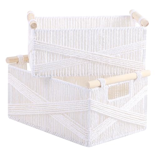 OUTBROS Körbchen Geflochten, Aufbewahrungskorb mit Griff, Dekorative Arbeitsplatte Toilettentank Regal Schrank Organizer für Schlafzimmer Wohnzimmer, Weiß，2er Set,Große Größe von OUTBROS
