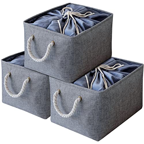 OUTBROS großer Aufbewahrungskorb, 34 x 24 x 20 cm Stoff Aufbewahrungsbox mit Kordelzug und Griff, faltbarer Aufbewahrungsbehälter Aufbewahrungskorb (Grau, 3-Pack) von OUTBROS