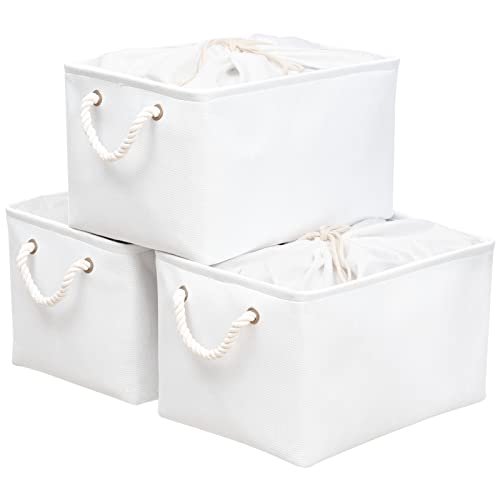 OUTBROS großer Aufbewahrungskorb, 34 x 24 x 20 cm Stoff Aufbewahrungsbox mit Kordelzug und Griff, faltbarer Aufbewahrungsbehälter Aufbewahrungskorb (weiß, 3-pack) von OUTBROS
