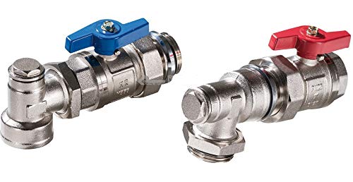 Verteiler-Anschluss-Set 90° für PUR-THERM® Verteiler 1'' bestehend aus: 2 Kugelhähnen DG 1" mit Verschraubung und Anschlusswinkel, 1" IG/AG, O-Ring dichtend, zusätzliche Bohrung 1/2" für Fühler oder Thermometer von OUTDOOR_LIVING