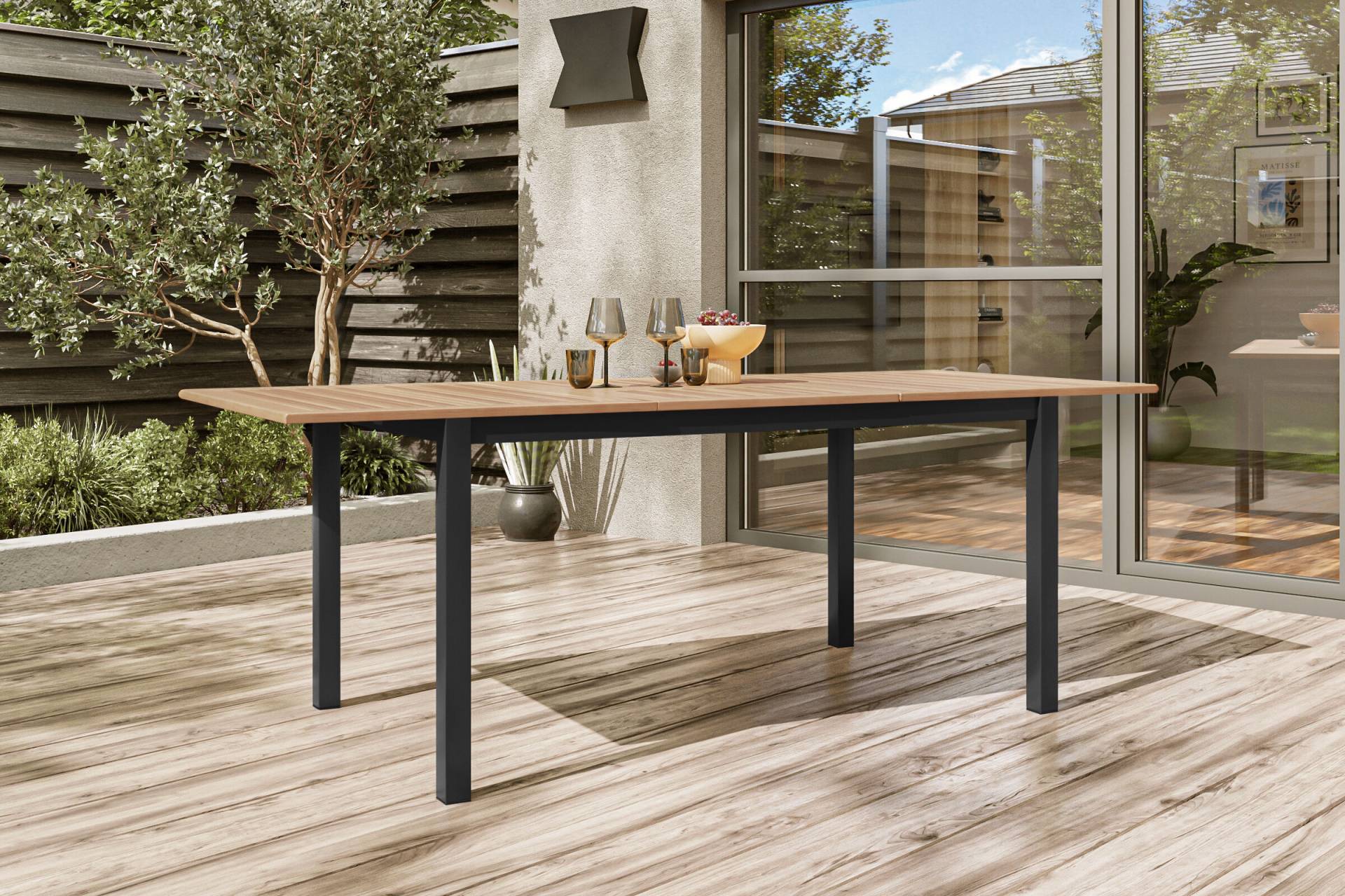 B-Ware: OUTFLEXX Ausziehtisch, anthrazit matt, Alu/FSC-Teak, 150/210x90cm, Synchronauszug mit Butterfly-Funktion von OUTFLEXX