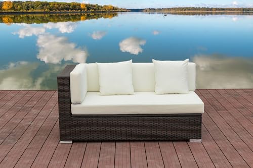 OUTFLEXX 2-Sitzer Ecksofa aus hochwertigem Polyrattan, braun marmoriert mit Kissenbox-Funktion, Armlehne rechts, inkl. Kissen, Lounge-Sofa, Couch, wetterfest, rostfrei, Boxfunktion von OUTFLEXX