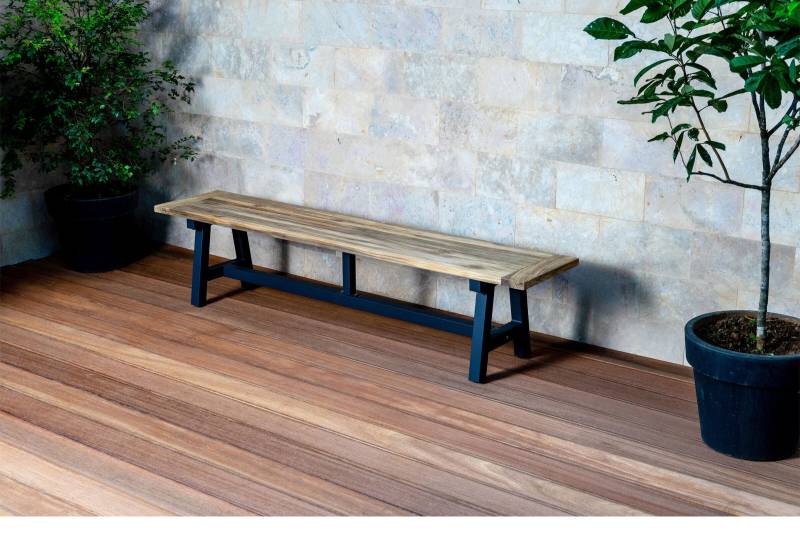 OUTFLEXX Belanda Bank, dark grey/natur, Alu/recycled FSC®-Teak, 200x40x45cm, rustikal gebürstet, A-Gestell von OUTFLEXX