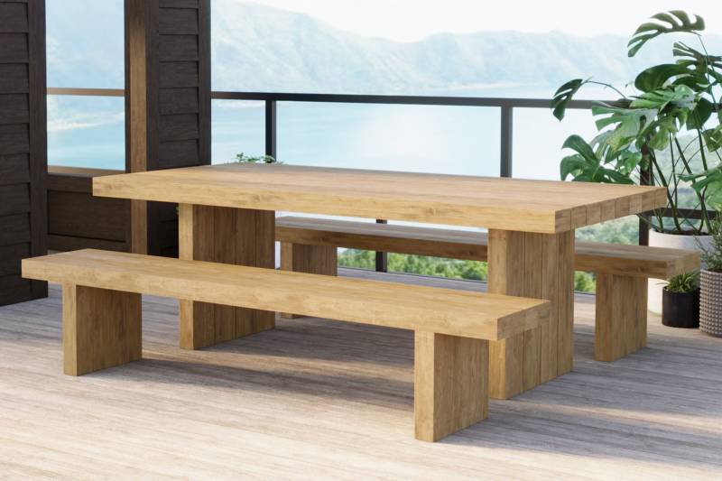 OUTFLEXX Encino Gartenessgruppe, Natur Teak, Tisch 220x100cm, 2 Bänke 220x40cm, Gebürstet, Hohe Belastbarkeit von OUTFLEXX