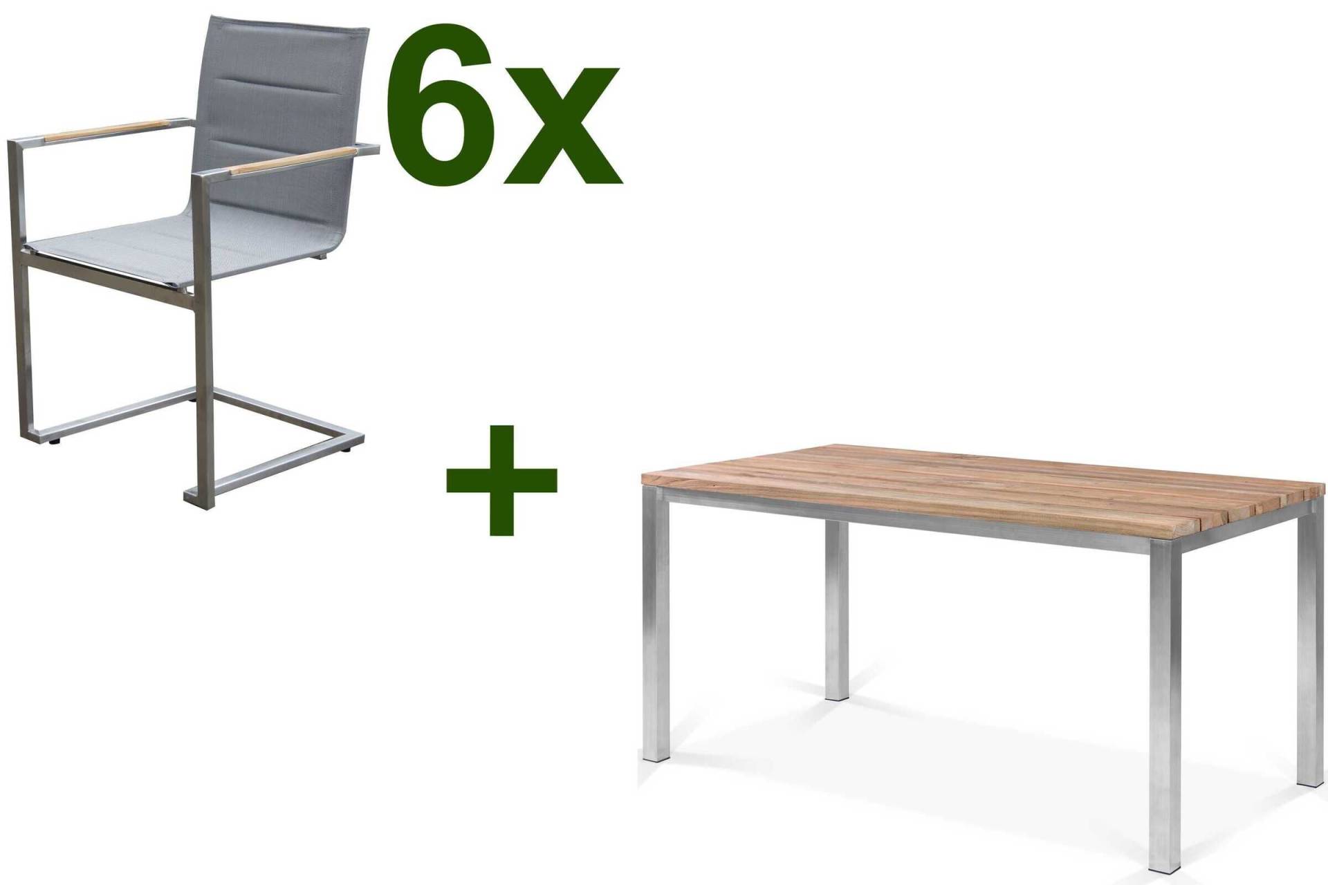 OUTFLEXX Esstischgarnitur, Edelstahl / FSC-Teak, Tisch 150x80cm, 6 Freischwinger padded, taupe von OUTFLEXX