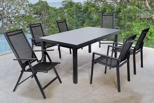 OUTFLEXX Esstischgarnitur, anthrazit matt, Alu/Textilene, Tisch 180/240x100cm, 4 Stapel-, 2 Multipositionssessel von OUTFLEXX