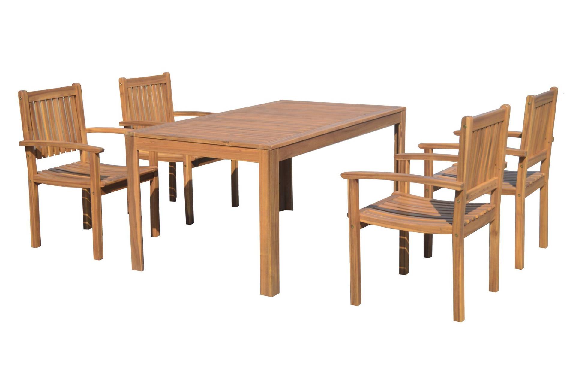 OUTFLEXX Esstischgarnitur, natur, FSC-Akazienholz, Tisch 160 x 90 cm, 4 Gartenstühle von OUTFLEXX