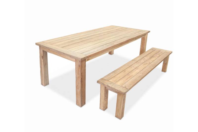 OUTFLEXX Esstischset, Tisch 180x90cm, Bank 150x40cm, recycled Teak, Plattenstärke 30mm von OUTFLEXX