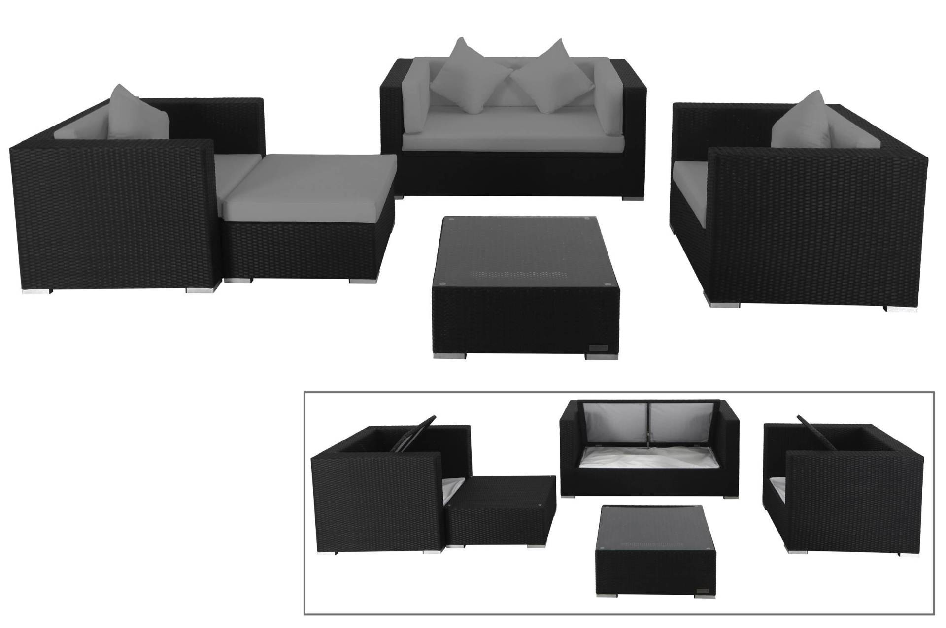 OUTFLEXX Loungemöbel-Set, 5 Personen, schwarz, Polyrattan, inkl. Kaffeetisch, wasserfeste Kissenbox von OUTFLEXX