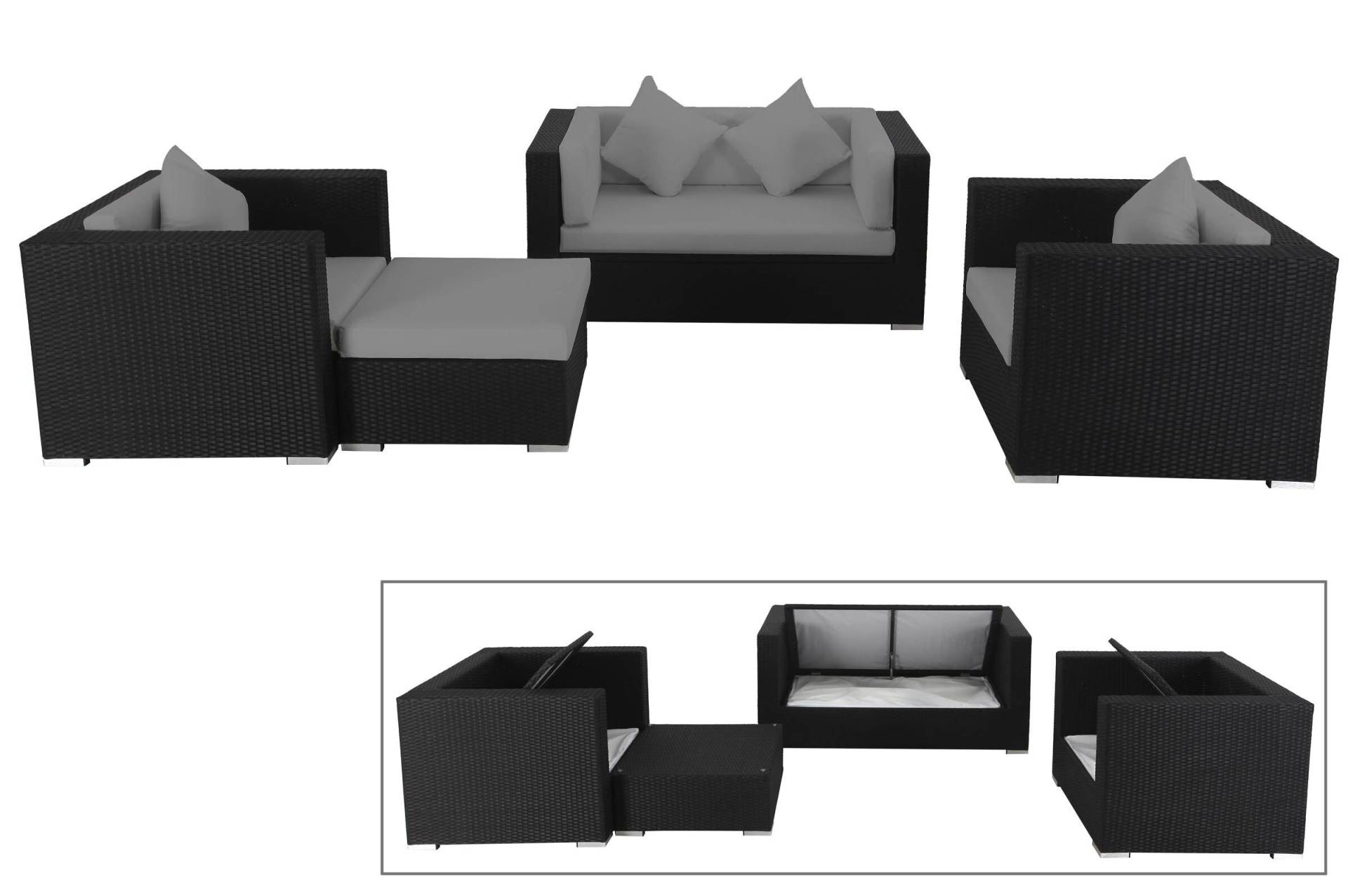 OUTFLEXX Loungemöbel-Set, 5 Personen, schwarz, Polyrattan, wasserfeste Kissenbox von OUTFLEXX