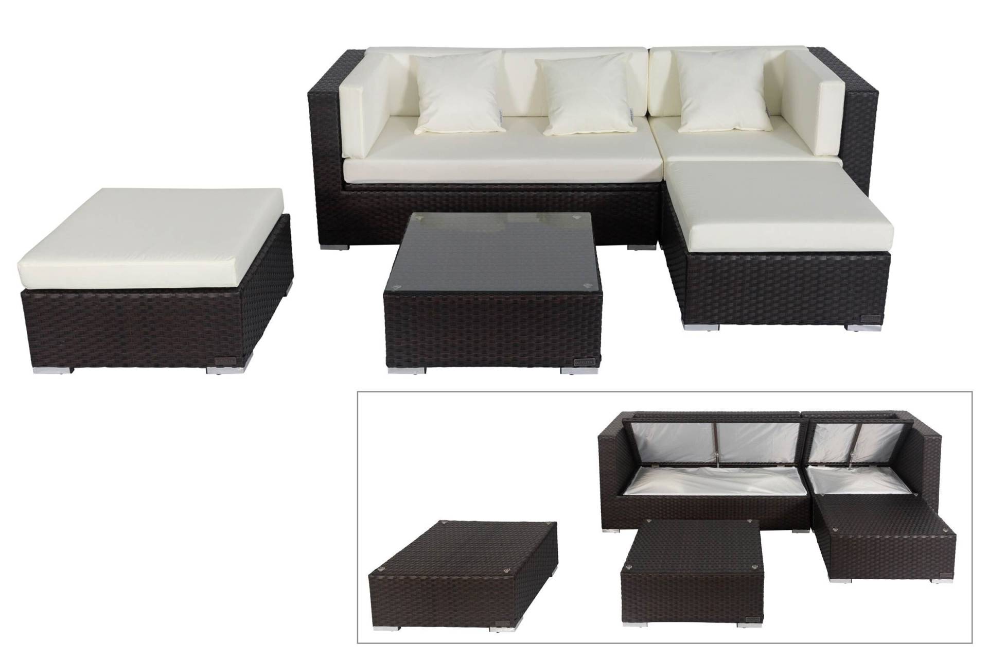 OUTFLEXX Loungemöbel-Set, braun, Polyrattan, 5 Personen, wasserfeste Kissenbox, inkl. Kaffeetisch von OUTFLEXX