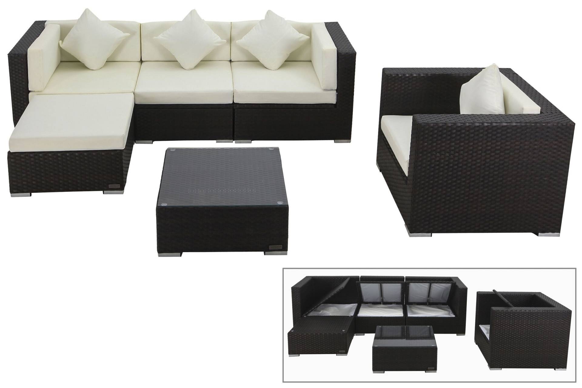 OUTFLEXX Loungemöbel-Set, braun, Polyrattan, für 5 Personen, inkl. Kaffeetisch, wasserfeste Kissenbox von OUTFLEXX