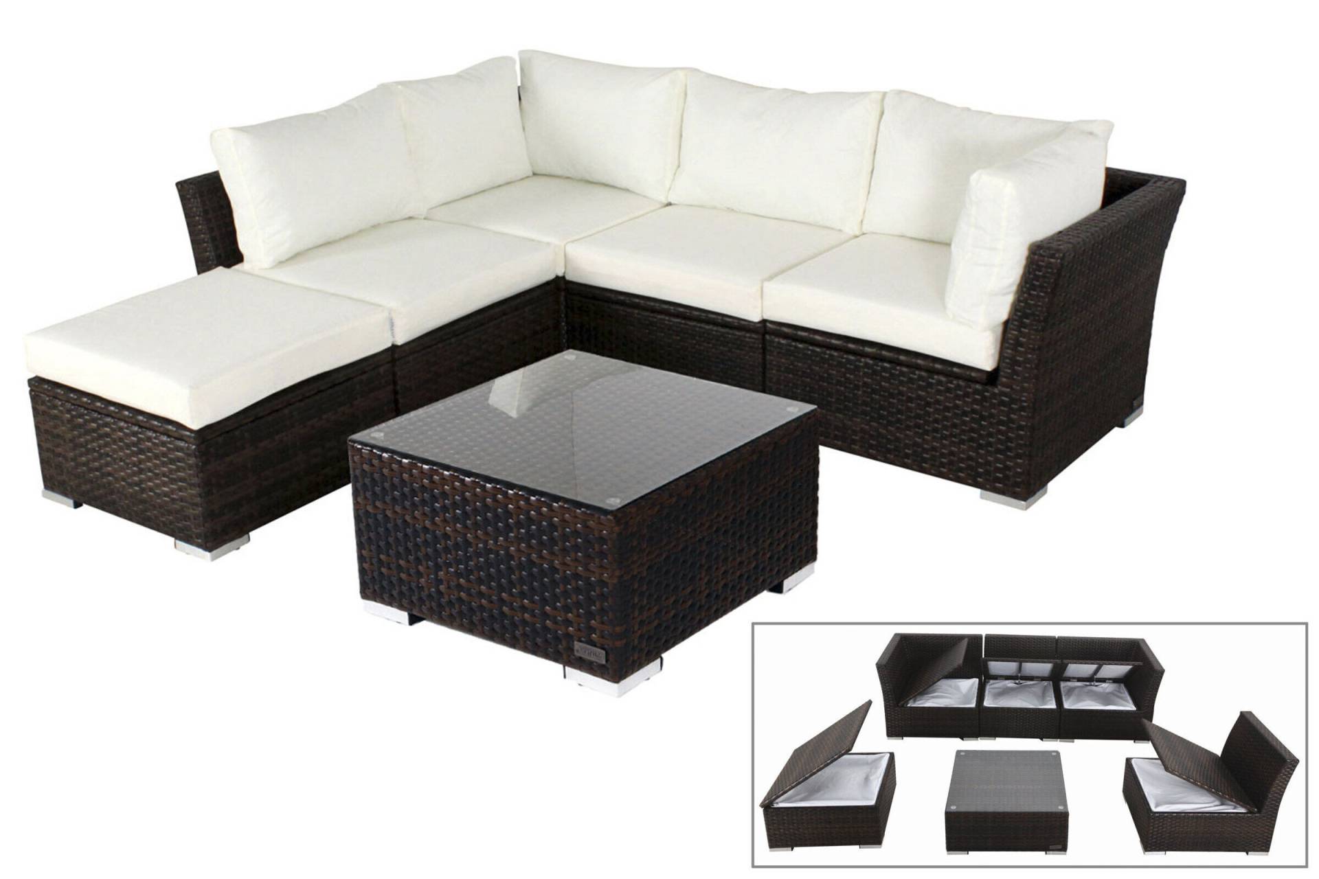 OUTFLEXX Loungemöbel-Set, braun marmoriert, Polyrattan, inkl. Kaffeetisch, für 5 Personen, wasserfeste Kissenbox von OUTFLEXX