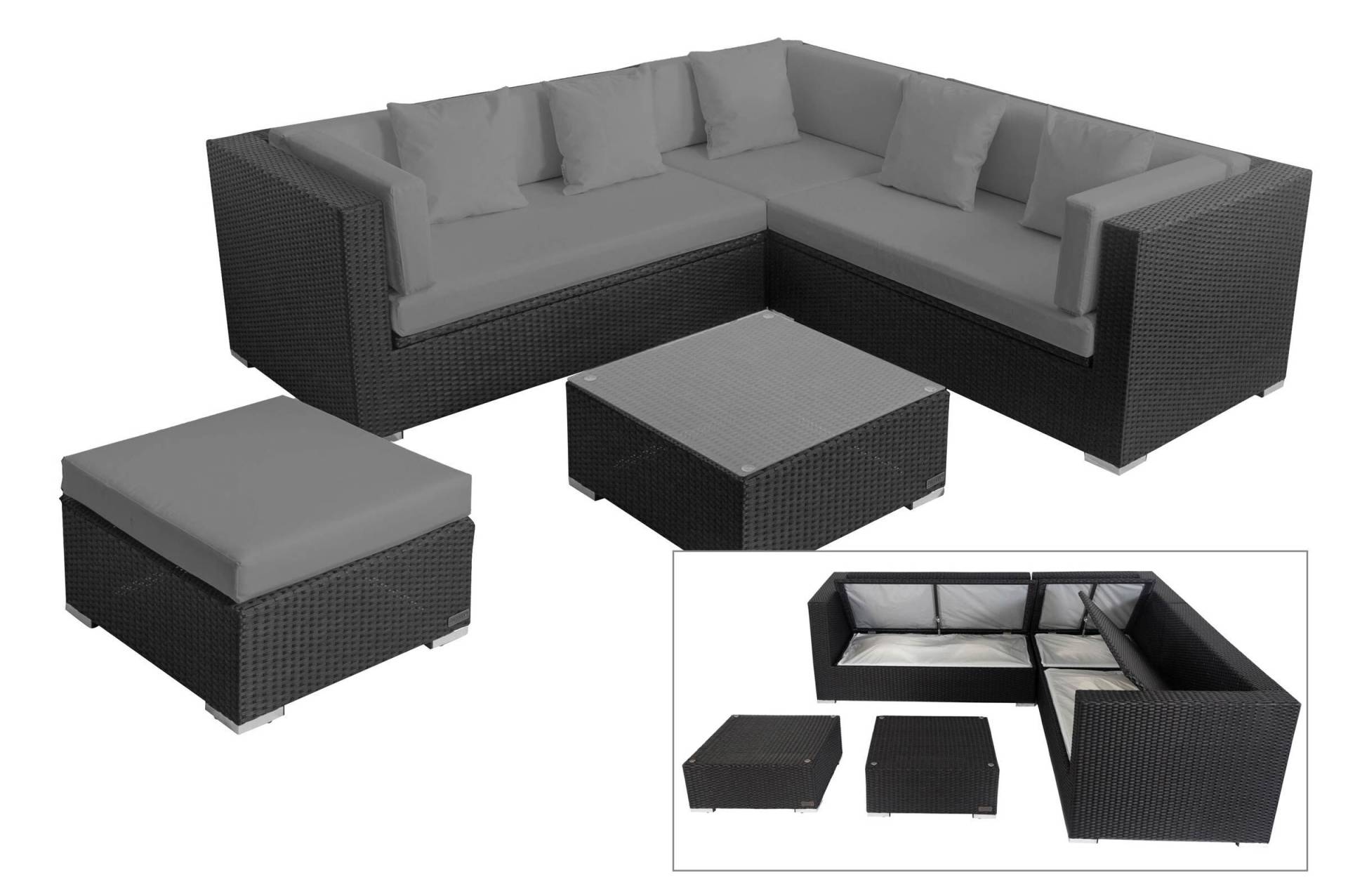 OUTFLEXX Loungemöbel-Set, schwarz, Polyrattan, 6 Personen, wasserfeste Kissenbox, inkl. Kaffeetisch von OUTFLEXX