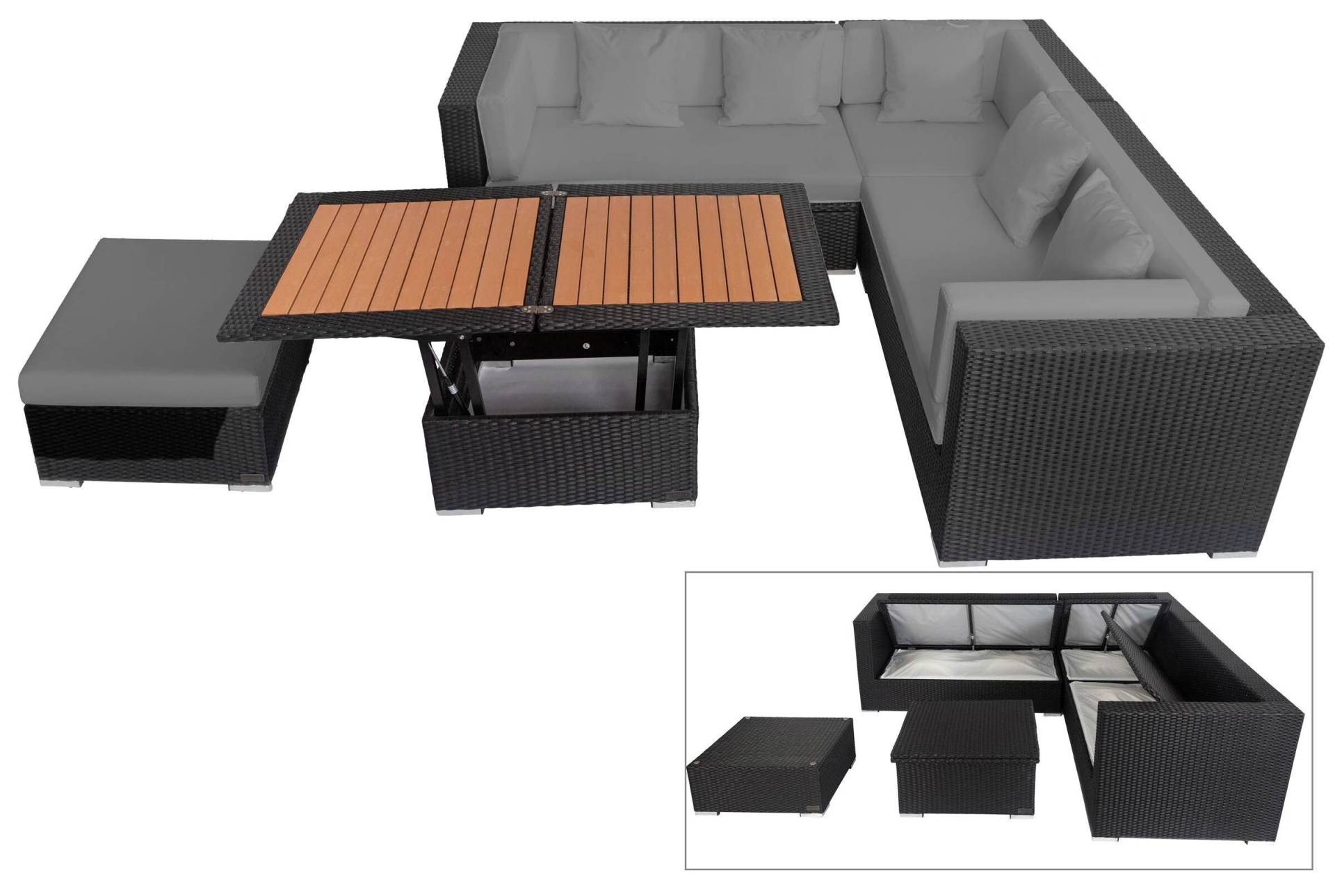 OUTFLEXX Loungemöbel-Set, schwarz, Polyrattan, 6 Personen, wasserfeste Kissenbox, inkl. Loungetisch von OUTFLEXX