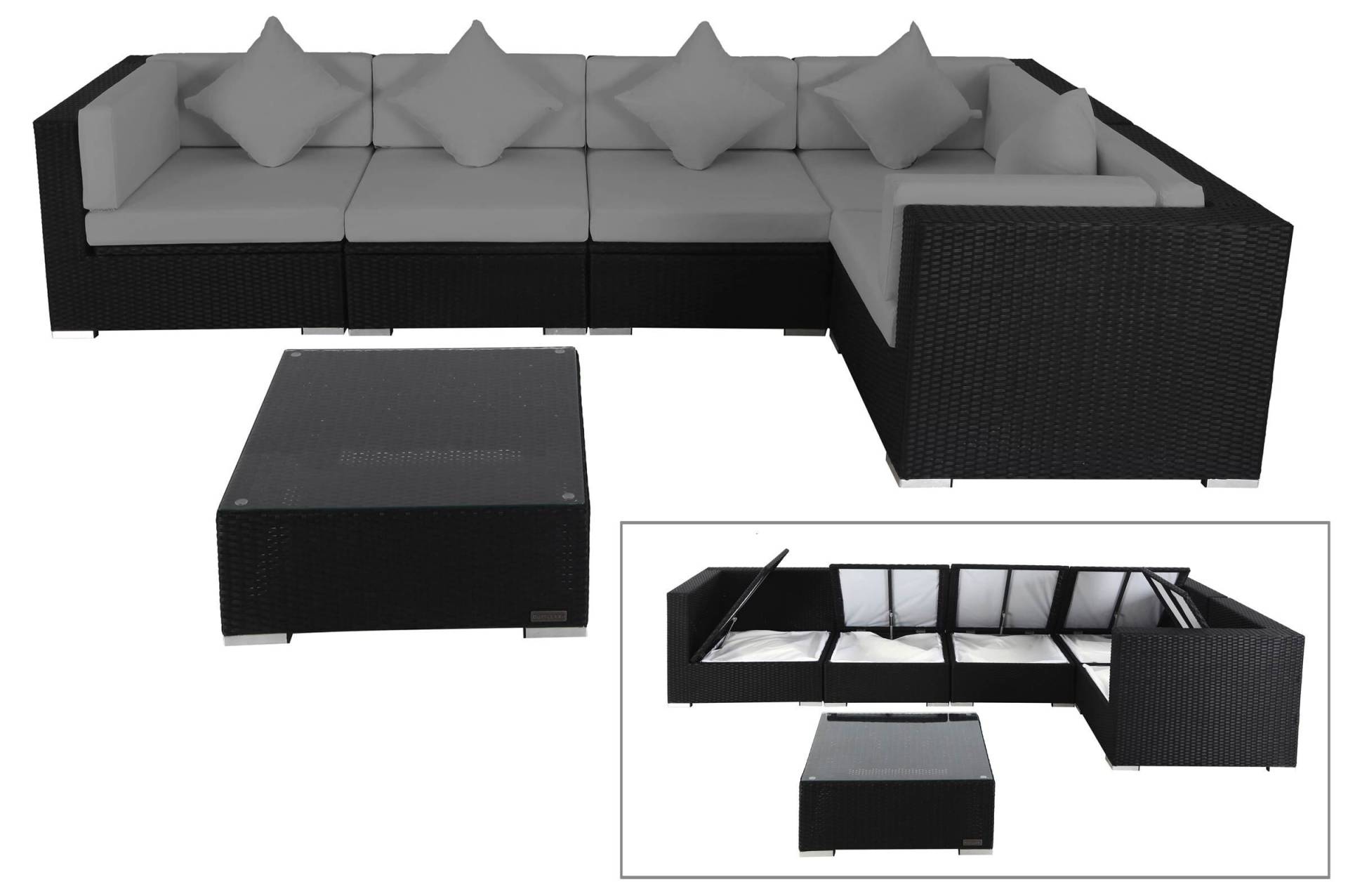OUTFLEXX Loungemöbel-Set Polyrattan, schwarz, für 5 Personen, inkl. Kaffeetisch, wasserfeste Kissenbox von OUTFLEXX