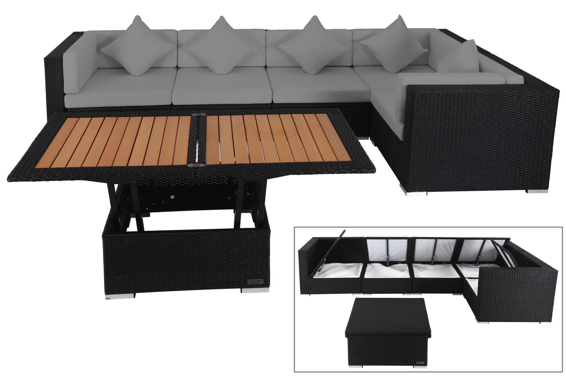 OUTFLEXX Loungemöbel-Set Polyrattan, schwarz, für 5 Personen, inkl. Loungetisch, wasserfeste Kissenbox von OUTFLEXX