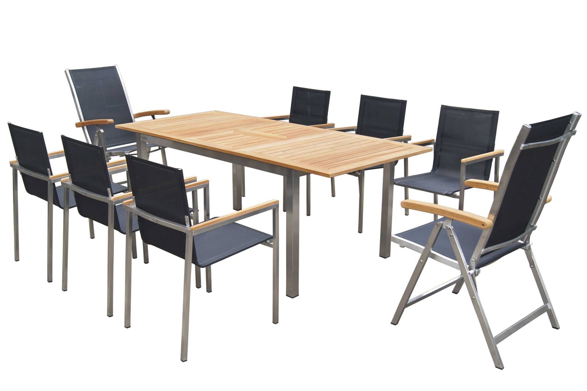 OUTFLEXX Set, schwarz, 150 x 90 cm, Edelstahl/Teak, Ausziehtisch, 6 Stühle, 2 Multipositionssessel von OUTFLEXX