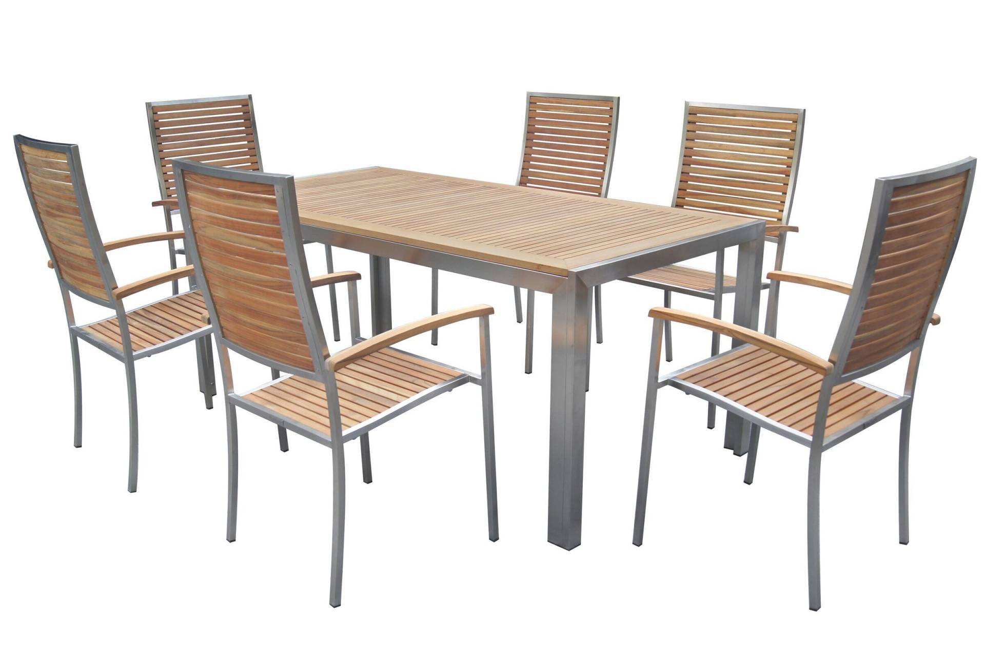 OUTFLEXX Sitzgruppe, natur, Edelstahl/Teak, Esstisch 180x90cm, 6 Hochlehner von OUTFLEXX