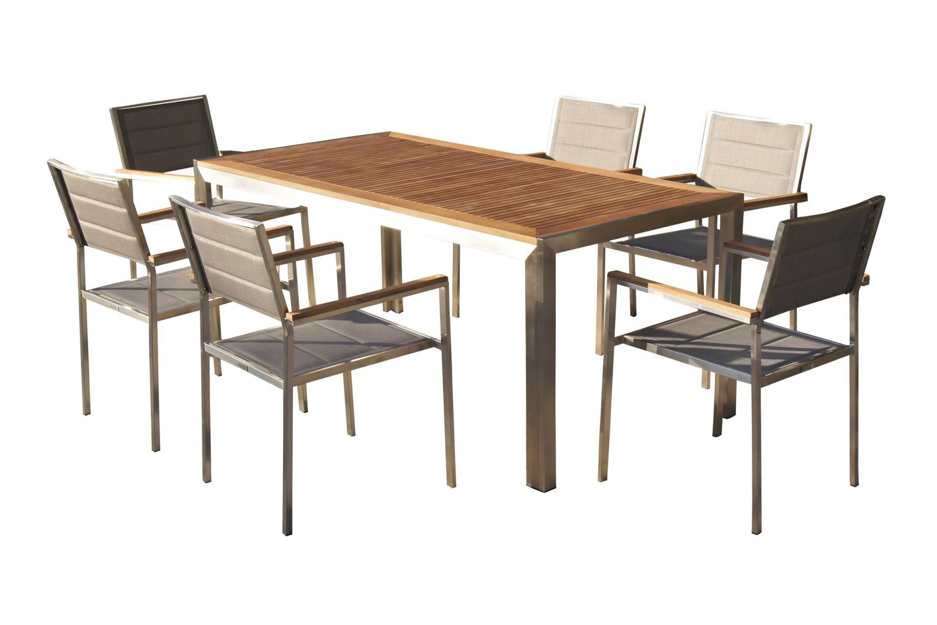 OUTFLEXX Sitzgruppe, silber, Edelstahl/Teak, Esstisch 180 x 90 cm, 6 Stapelstühle gepolstert von OUTFLEXX