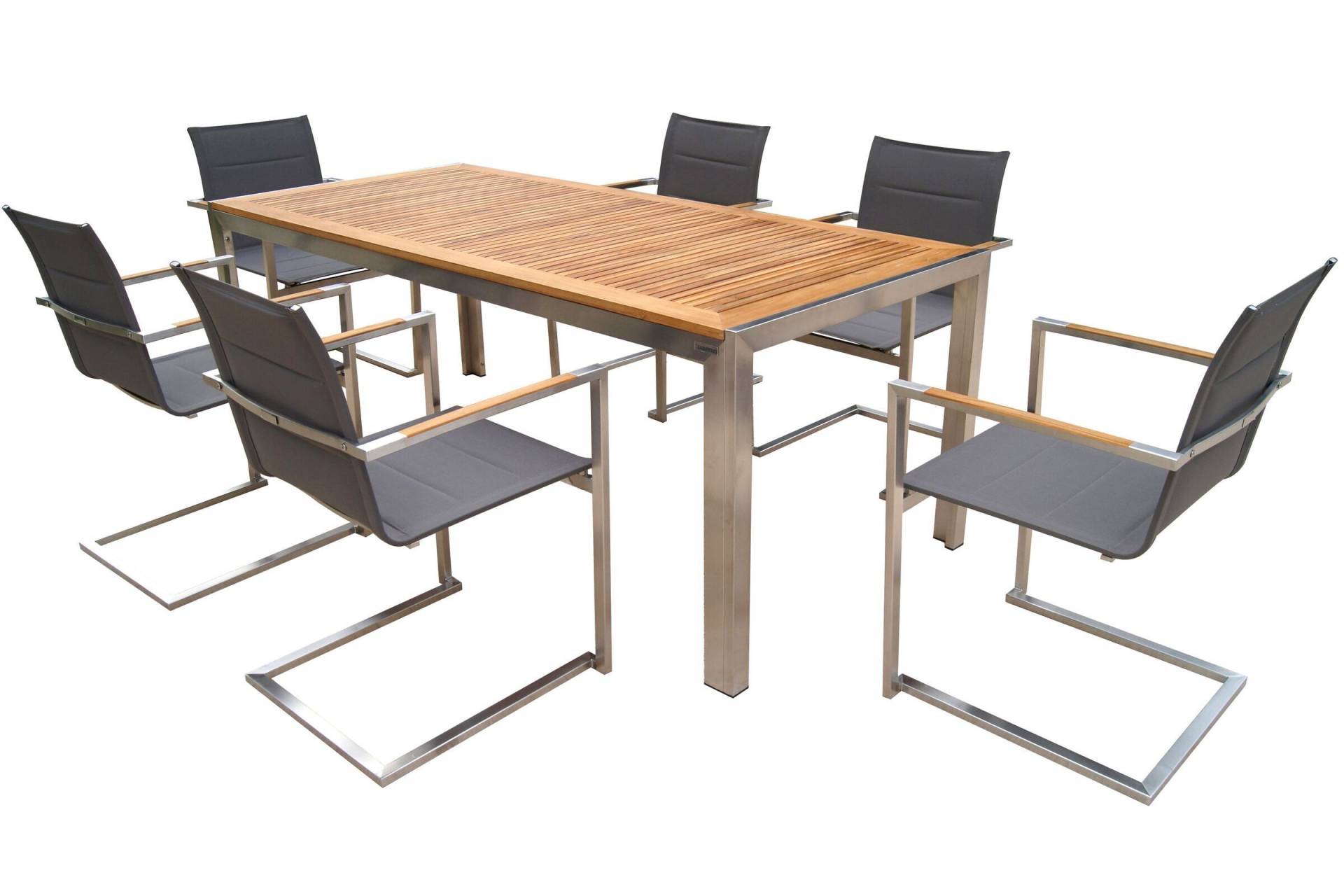 OUTFLEXX Sitzgruppe, taupe, Edelstahl/Teak, Esstisch 200 x 90 cm, 6 Stapelstühle gepolstert von OUTFLEXX