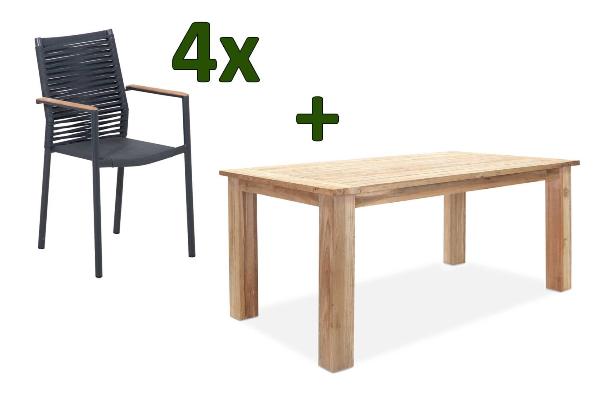 OUTFLEXX Theo Esstischgarnitur, anthrazit/natur, Alu/Rope/FSC®/SLVK-Teakholz, Tisch 160x90 cm, 4x Dining Sessel von OUTFLEXX