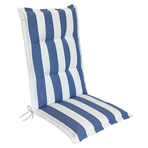OUTLIV. Florence Sesselauflage hoch, Sitz- Rückenkissen in Blau-Weiß Gestreift, 120x50x8 cm, hochwertige Sitzauflage für Gartensessel und Gartenstuhl von OUTLIV