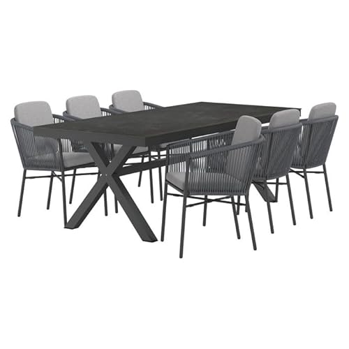 OUTLIV. Gartenmöbel-Set 7-TLG Ohio, Esstisch mit X-Gestell 220x100 cm, Glasplatte in Keramik-Optik, stapelbare Rope-Stühle, anthrazit/dunkelgrau von OUTLIV